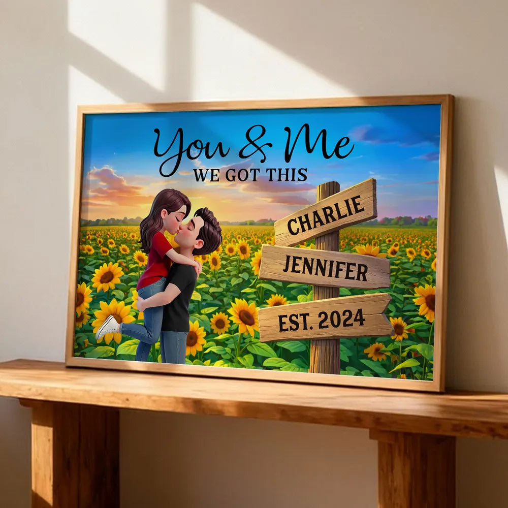 Romantic Personalized Poster for Couples, Hugging Kiss at Sunset Sunflower Field, Sweet Wall Art Gift for Her or Him