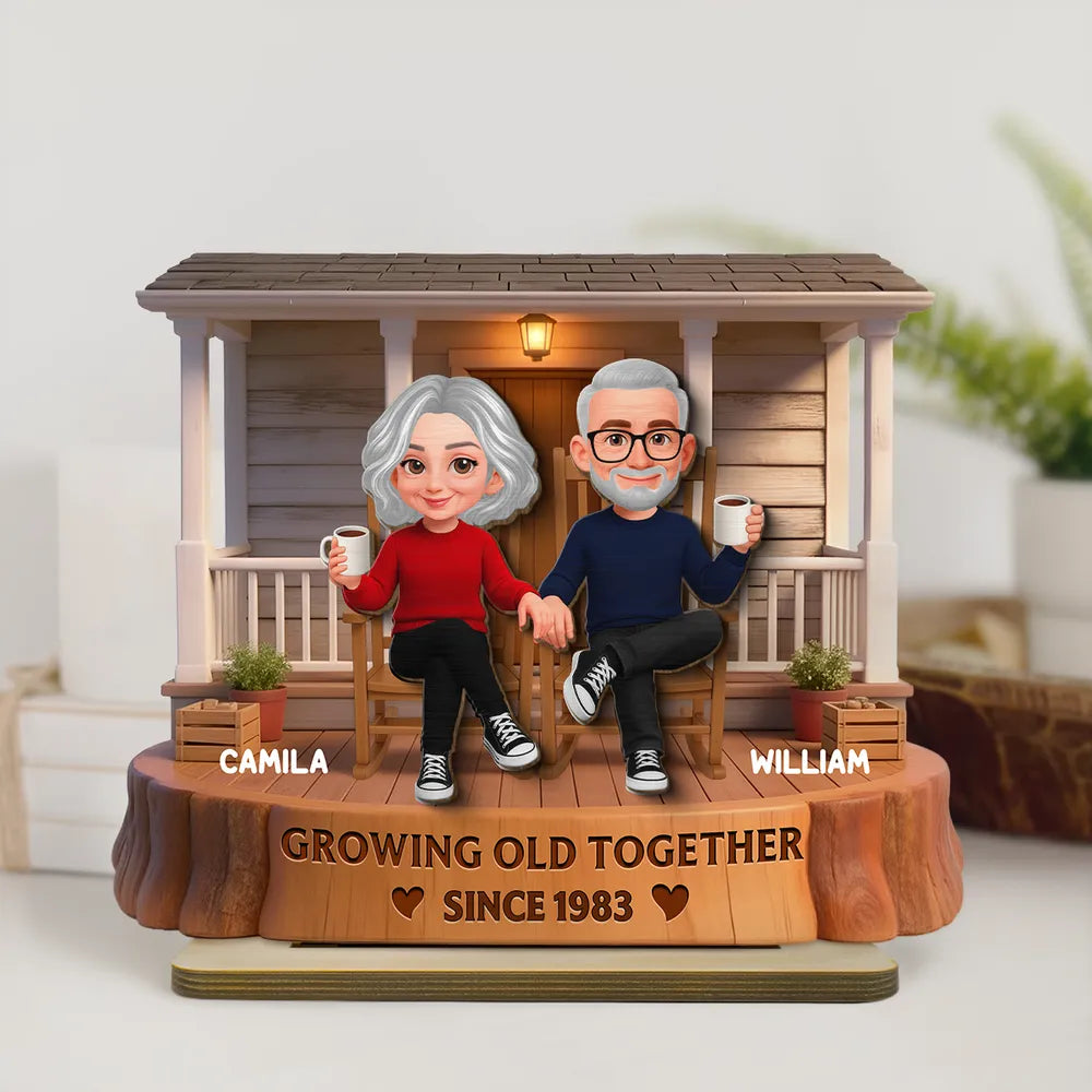 Personalized 2-Layer Wooden Plaque, Couple Holding Hands on a Cozy Front Porch, Growing Old Together, Unique Gift for Him & Her