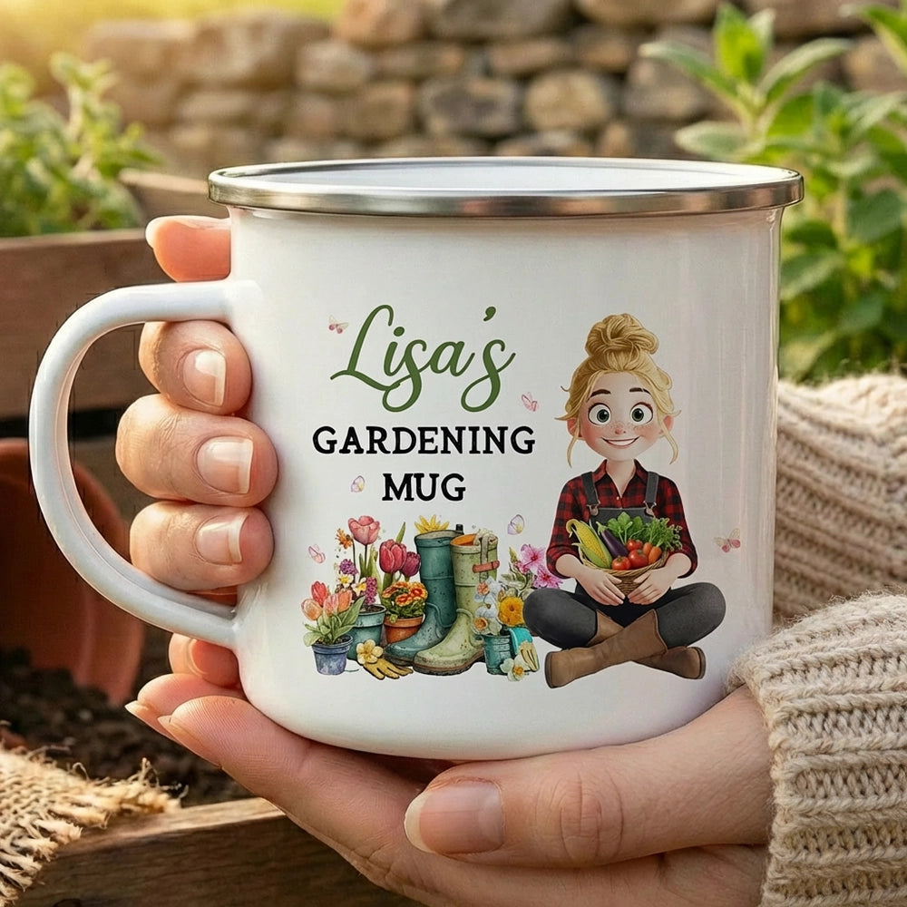 Personalized Gardening Enamel Mug With Cute Cartoon Gardener, Cozy Garden Coffee Cup, Unique Gift for Mom or Grandma