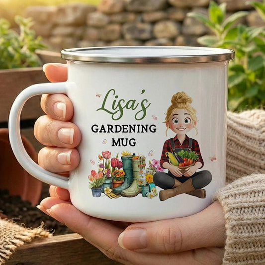 Personalized Gardening Enamel Mug With Cute Cartoon Gardener, Cozy Garden Coffee Cup, Unique Gift for Mom or Grandma
