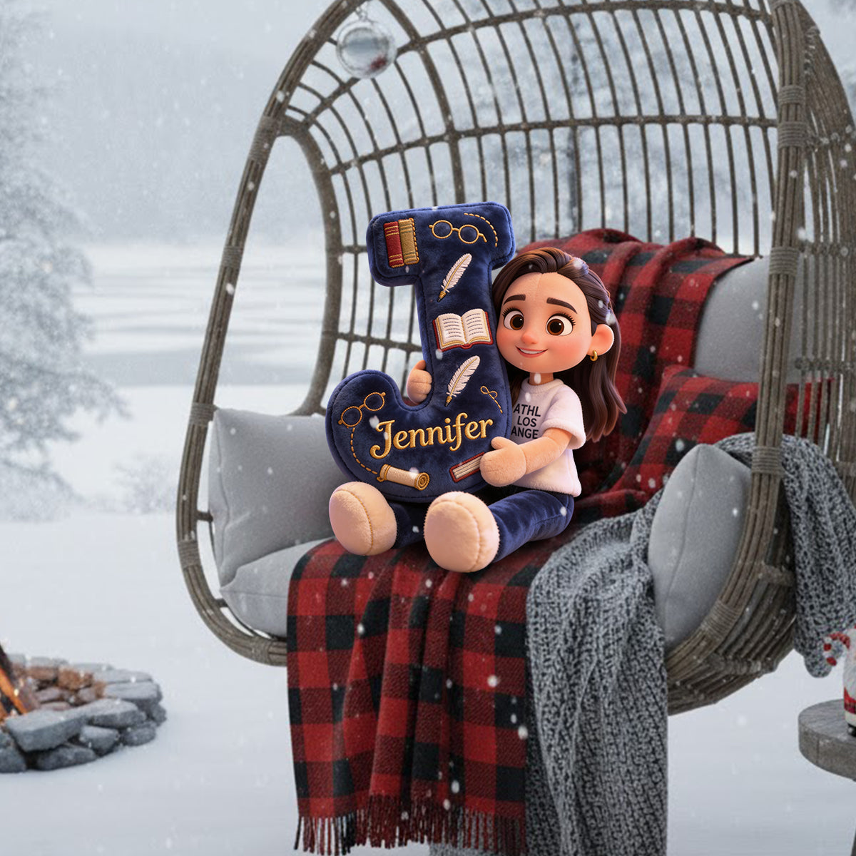 Cozy Alphabet Library - Personalized Book Faux Fur Shaped Pillow