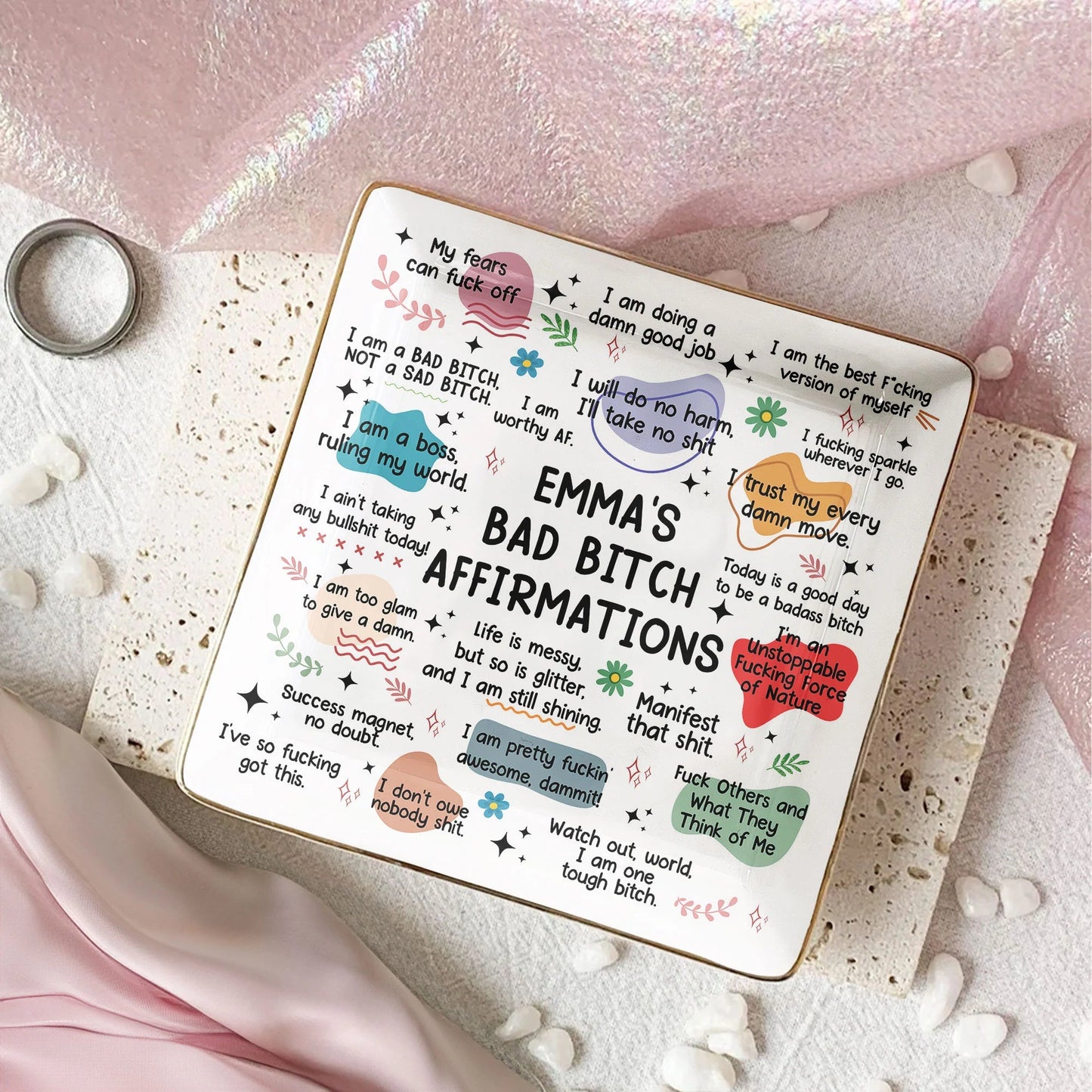 Jewelry Dish Featuring Bold Swear Affirmations Design, Refined Texture, Unique Keepsake Gift
