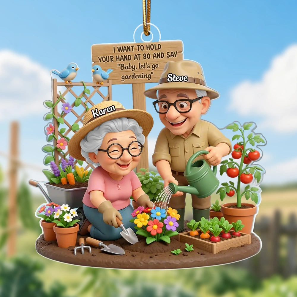 Acrylic Ornament 'Baby, let's go gardening' Sweet Old Couple Garden Scene Keepsake Unique Christmas Gift for Him & Her