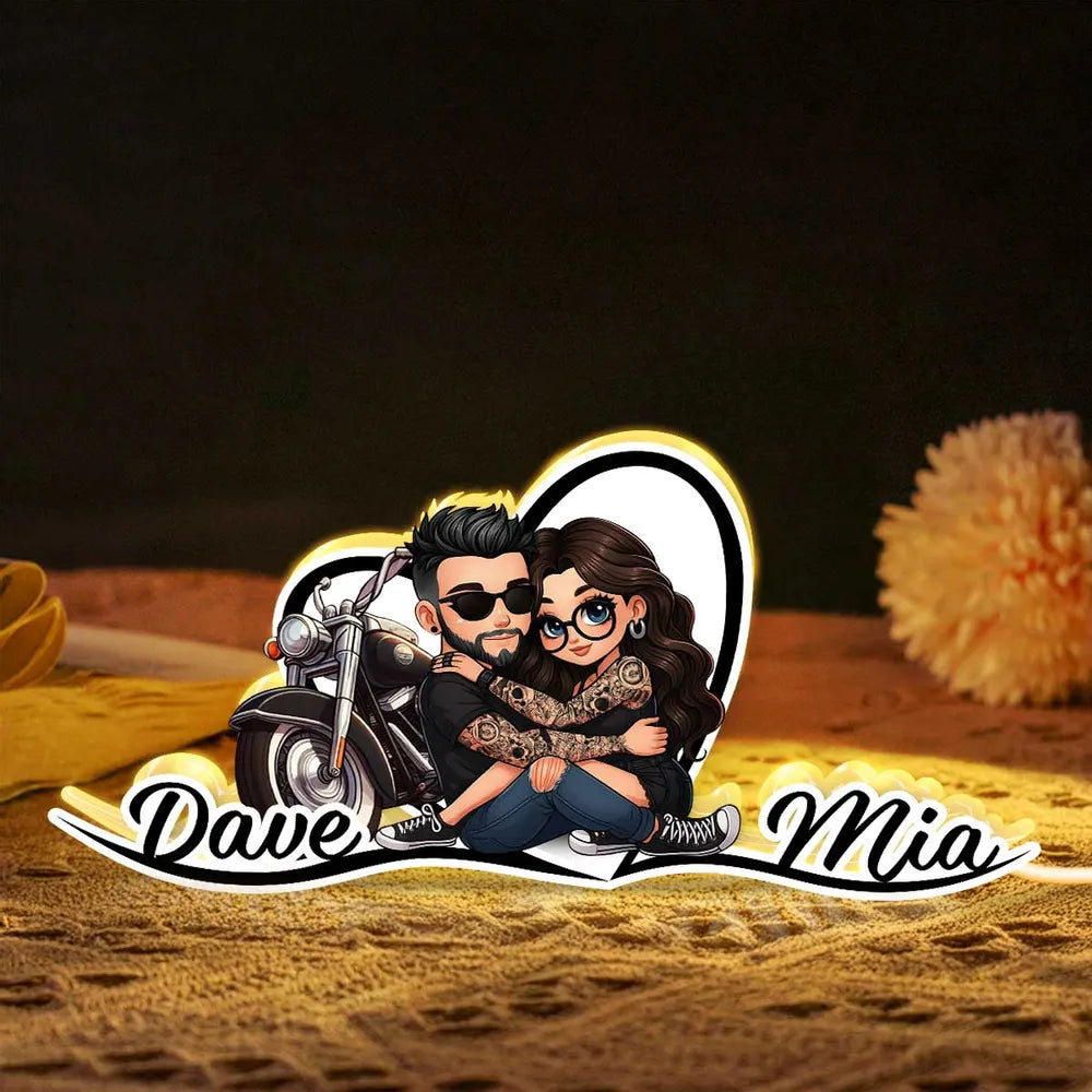 Personalized Acrylic Light Box Sunset Biker Couple Hugging by a Motorcycle Warm Glow Unique Gift for Couples