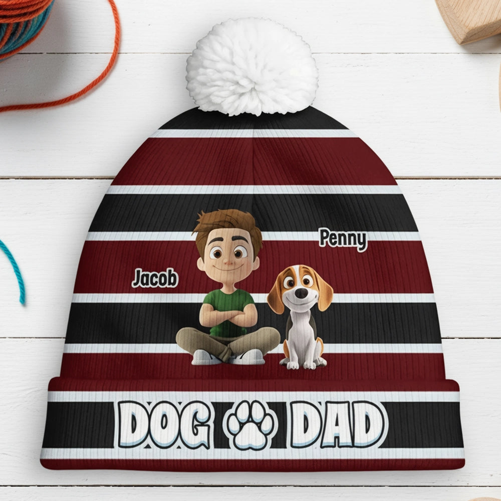 Personalized Dog Dad Bobble Beanie Hat With Custom Cartoon Pet & Owner - Cozy Winter Gift for Dog Lovers