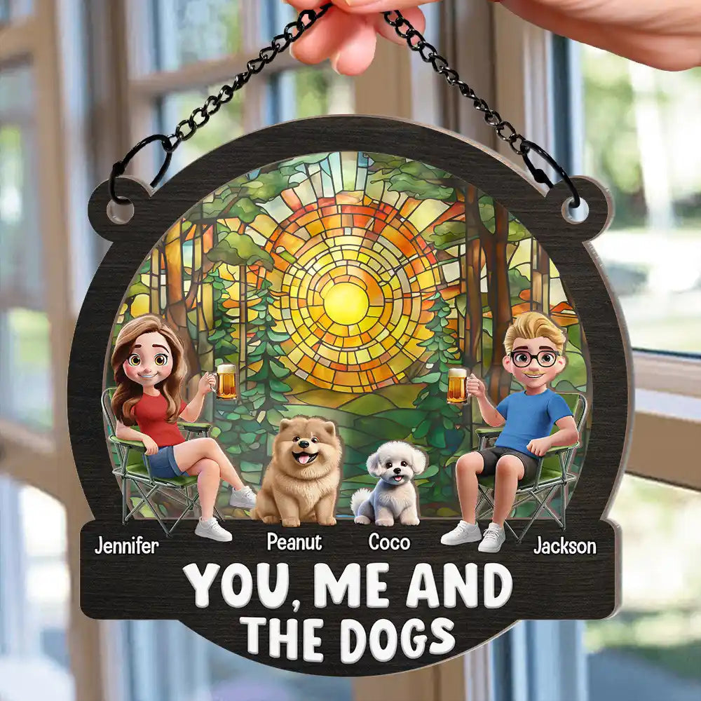 "You, Me and The Dogs" Personalized Ornament – Tropical Sunset Wood & Acrylic Layered Couple Gift