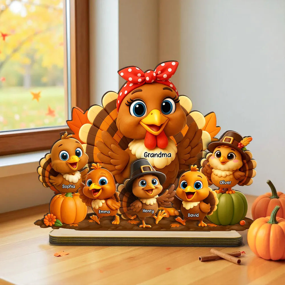 Fall Season Wooden Plaque with Adorable Turkey Family Artwork, Cozy Décor, Perfect Gift for Grandma