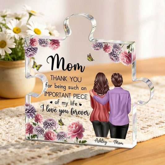 Personalized Shaped Acrylic Block Plaque for Mom, Puzzle Piece Love Quote, Floral Butterfly Design, Unique Gift