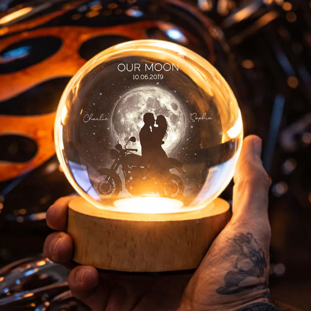 Personalized Globe Lamp with Kissing Biker Couple in Moonlight, Unique Romantic Gift for Him or Her