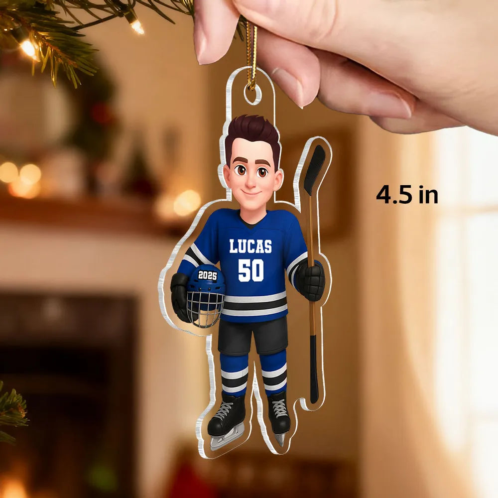 Acrylic Ornament - Personalized Hockey Player Cartoon Holding Stick, Christmas Tree Decor, Unique Gift for Players & Fans