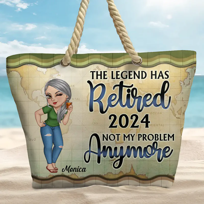 Rope Handle Canvas Bag Personalized for Retirement, Beach Scene Cartoon Woman, Fun 'Not My Problem Anymore' Gift