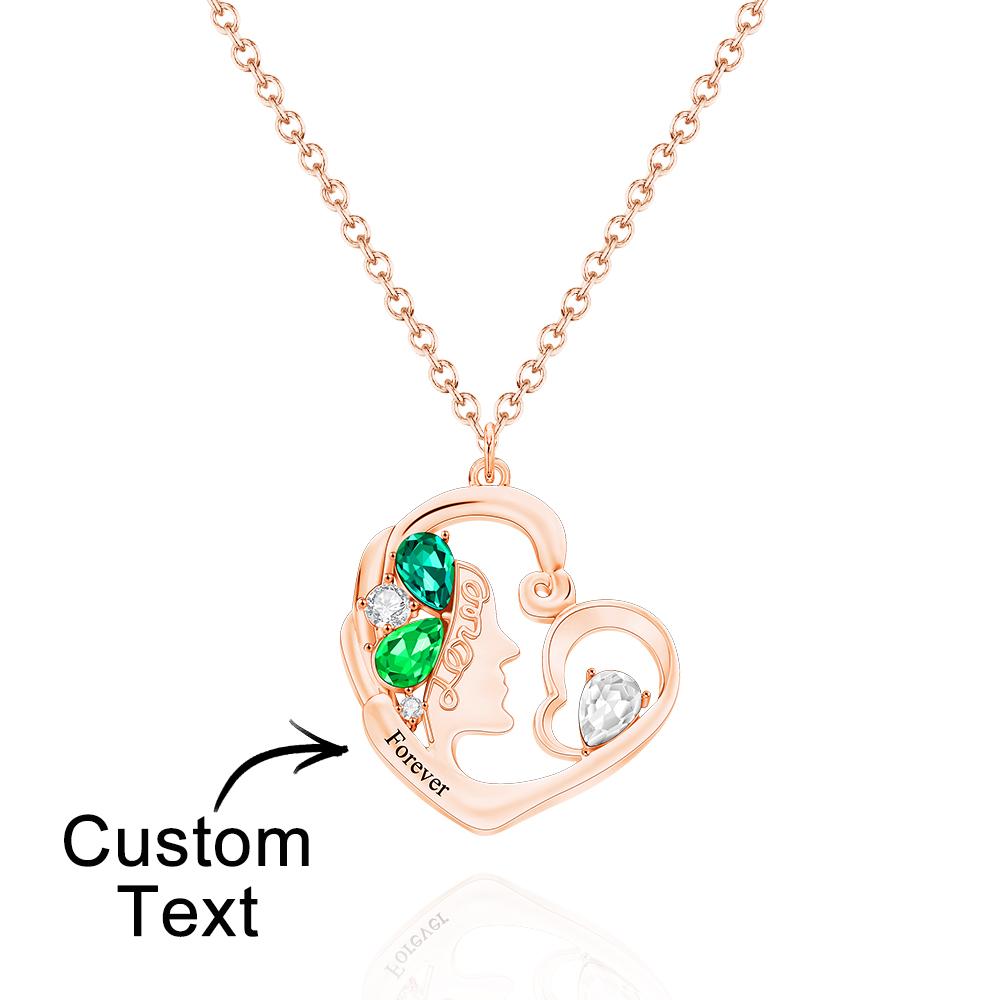 Birthstone Engraved Heart Charm - Personalized Mother Birthstone Women Necklace