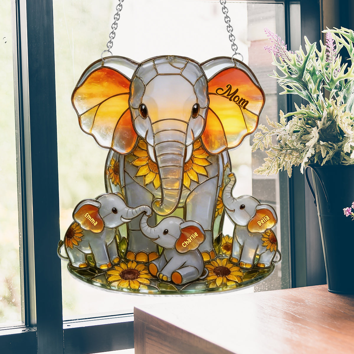 Elephant Mom - Personalized Elephant Window Hanging Suncatcher Ornament