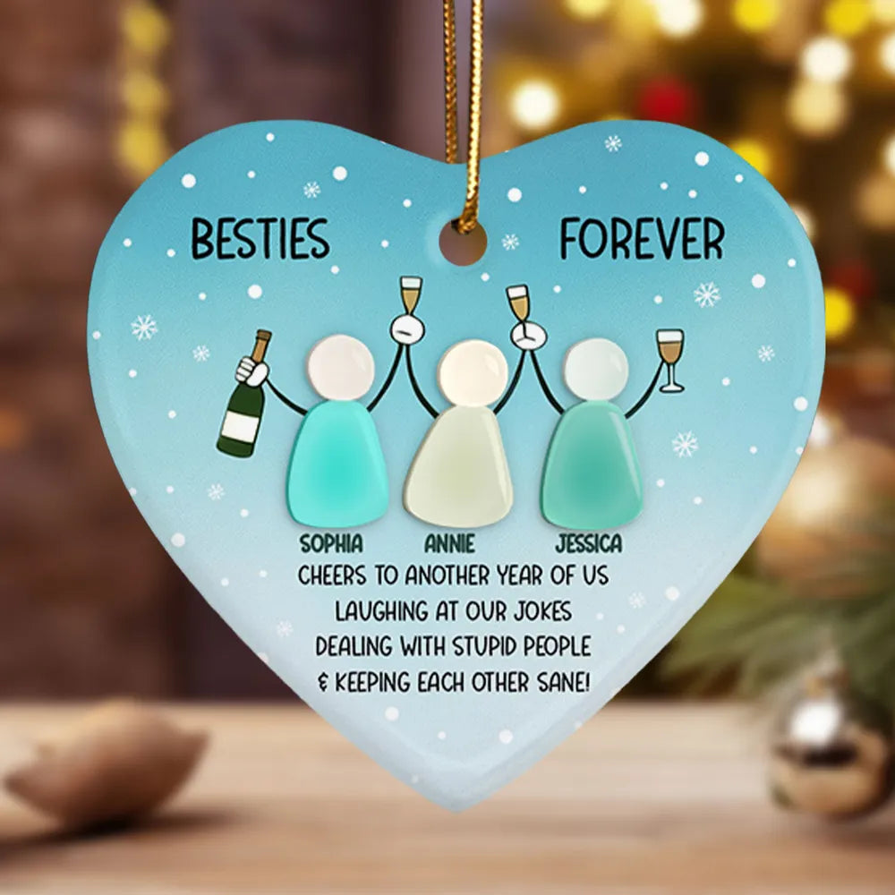 Personalized Besties Heart Ornament – Double-Layer Ceramic & Acrylic Design with Sea-Glass Look, Friendship Holiday Gift