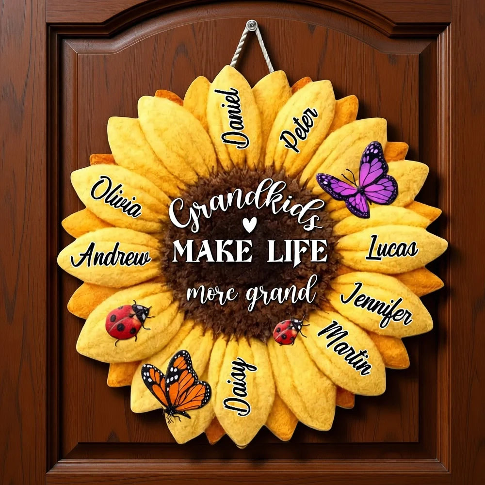 Grandkids Make Life More Grand Wooden Sign Personalized Sunflower With Butterflies Sweet Home Accent Gift for Grandparents