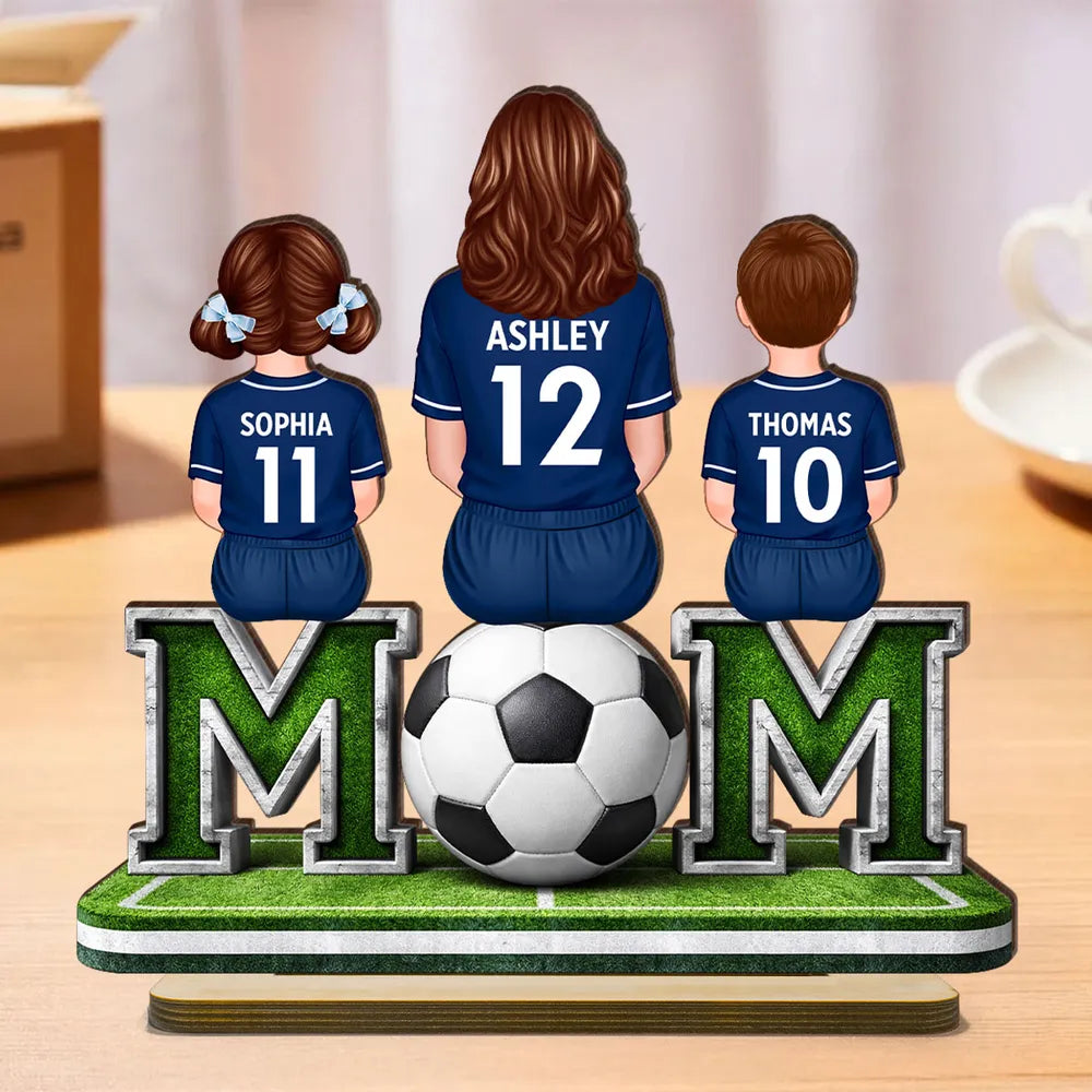 Personalized Soccer Mom and Kids 2-Layer Wooden Plaque, Sitting on Field with Ball, Unique Gift for Mom with Heartfelt Keepsake
