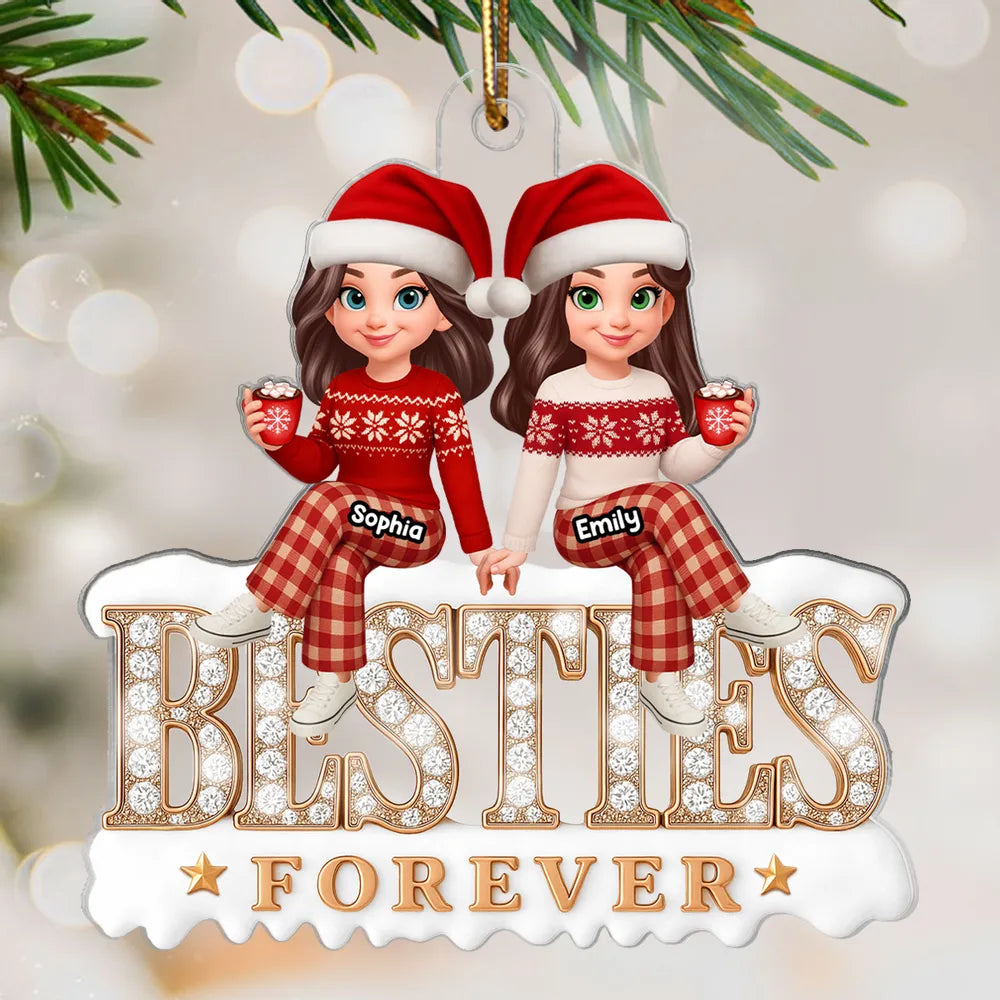 Acrylic Ornament - Besties Forever, cute cartoon friends in Santa hats holding hands, cozy tree decor, unique gift for best friend