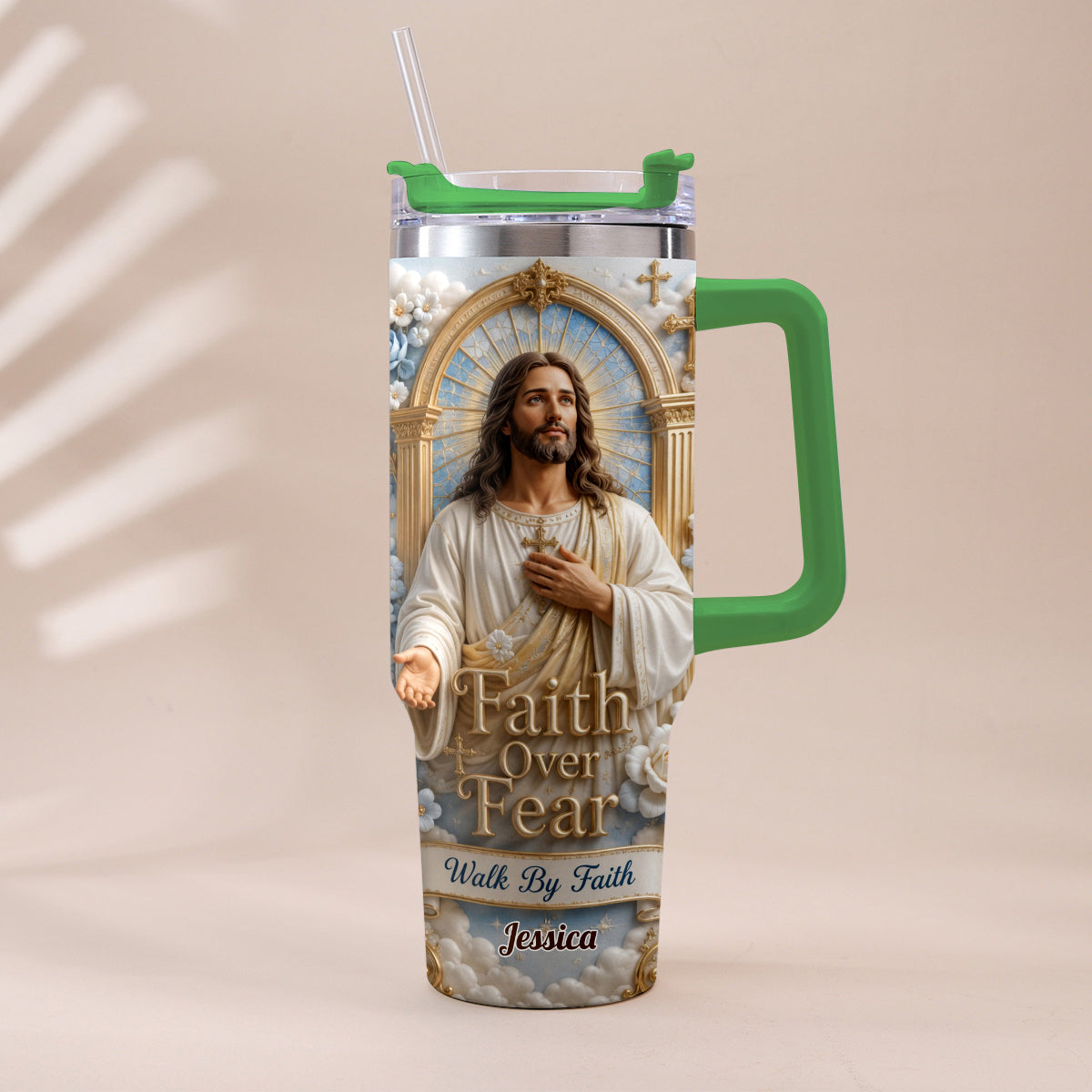 Faith Over Fear - Personalized Christian Tumbler With Plush Charm