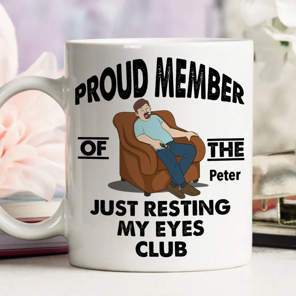 Ceramic Mug with Custom Name Funny Sleeping in Chair Cartoon Office Coffee Gift for Him - Just Resting My Eyes