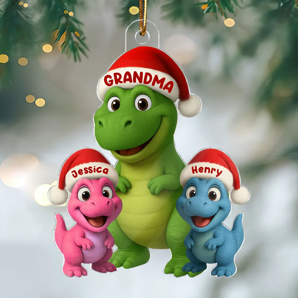 Christmas Grandma & Grandkids Dinosaur Acrylic Ornament – Adorable Family Keepsake, Perfect Gift for Grandparents