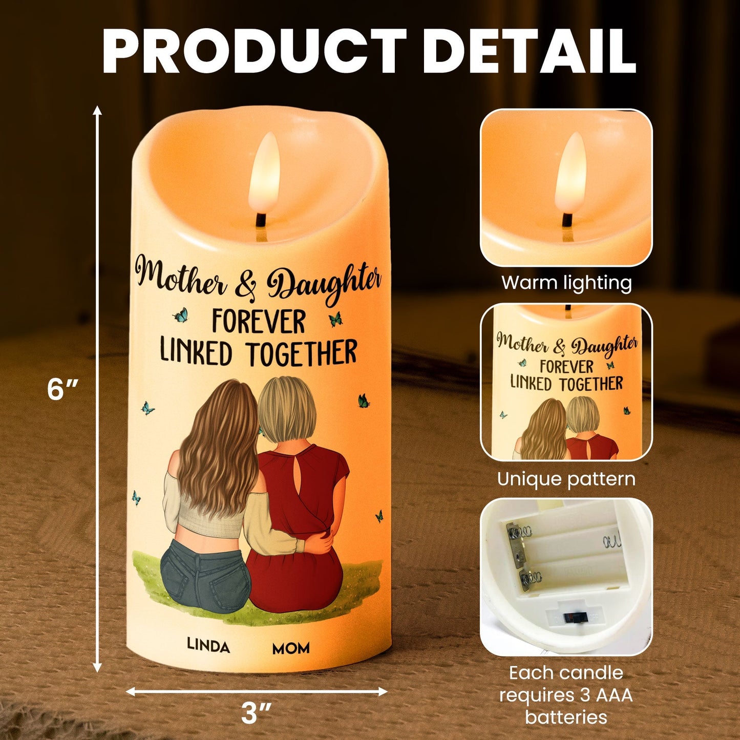 Flameless LED Candle – Mother & Daughter Back‑Hug Art, “Forever Linked Together” Personalized Light