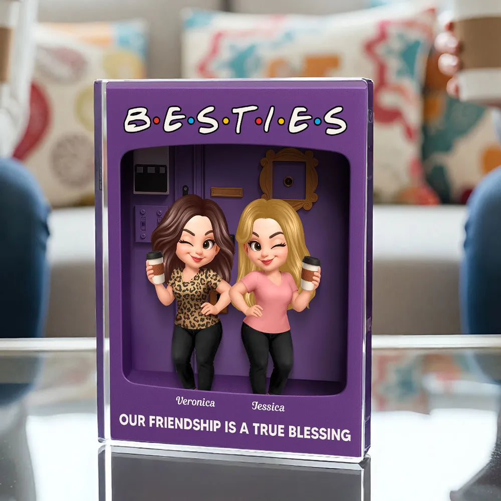 Rectangle Acrylic Block Plaque for Besties — cute characters holding coffee, purple backdrop, perfect friendship gift for birthdays, holidays, and everyday smiles