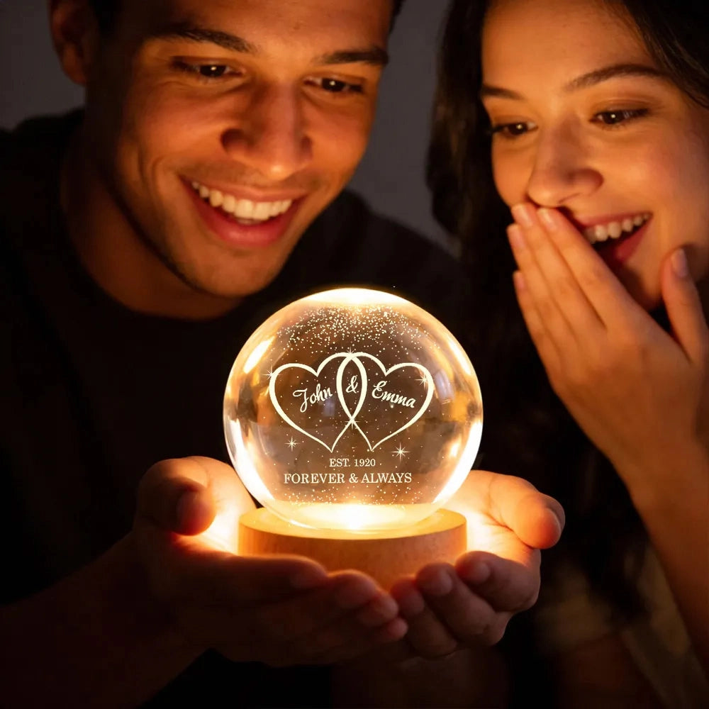 Personalized Globe Lamp with Interlocked Hearts, Romantic Bedside Glow, Unique Couple Gift for Her or Him