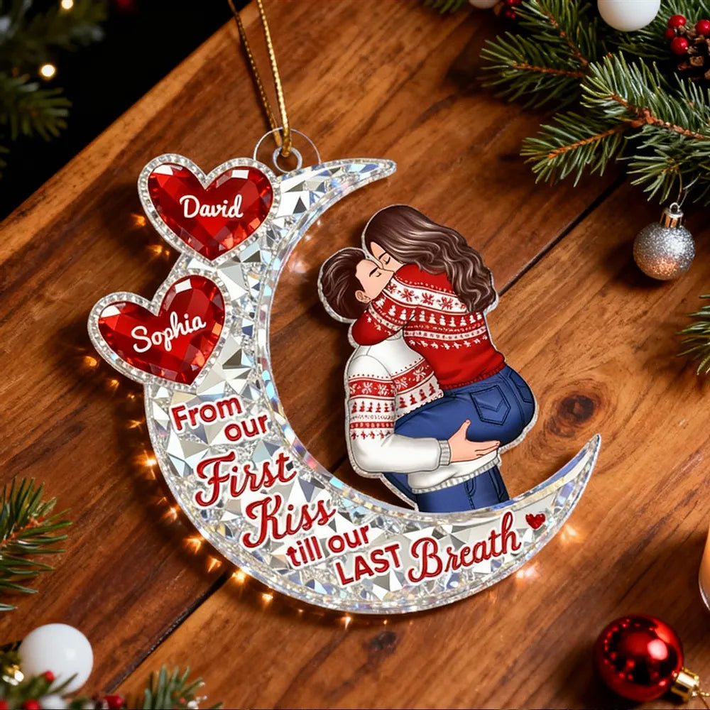 Custom Acrylic Ornament with Crescent Moon and Embracing Couple, Heartfelt From Our First Kiss Quote, Special Anniversary or Holiday Gift