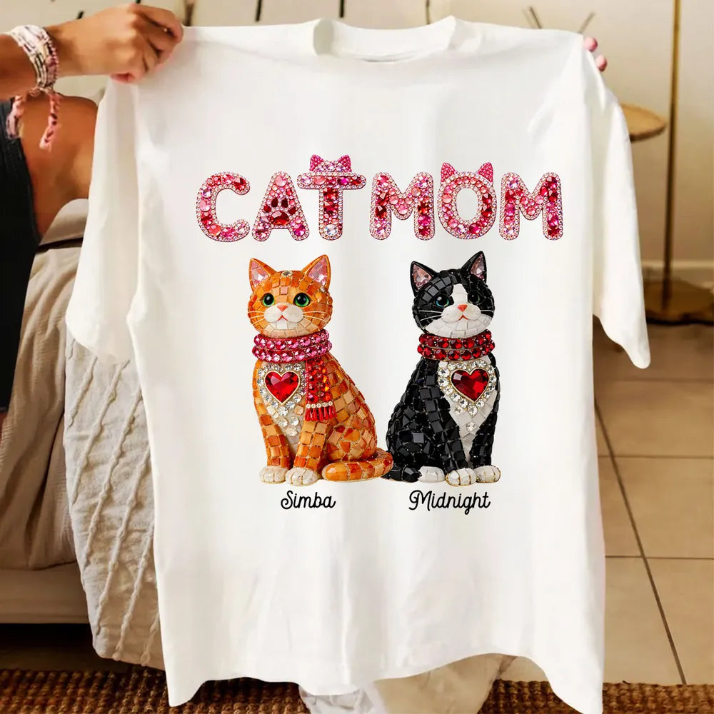 Personalized Cat Mom Classic Tee With Shiny Mosaic Cats, Cute Everyday Wear, Unique Gift for Cat Lovers