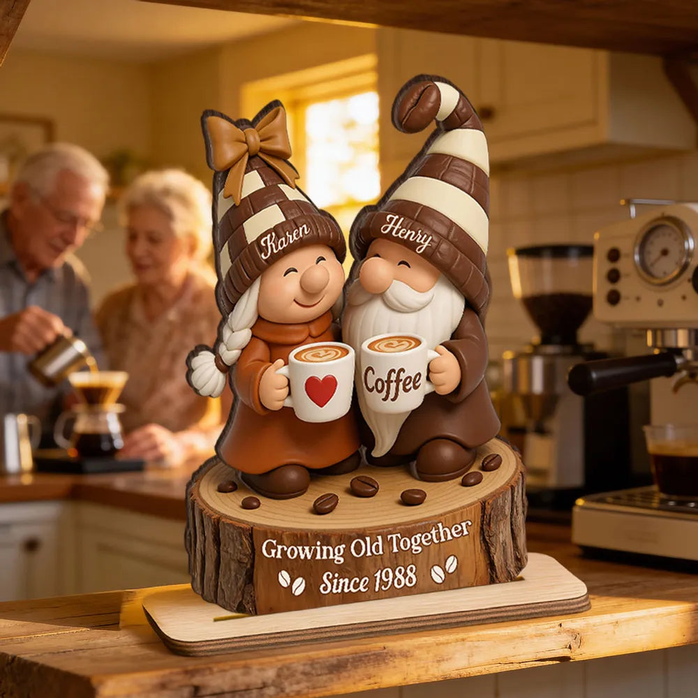 Personalized Wooden Plaque with Cute Coffee Gnomes, Rustic Countertop Decor, Unique Couple Gift for Growing Old Together