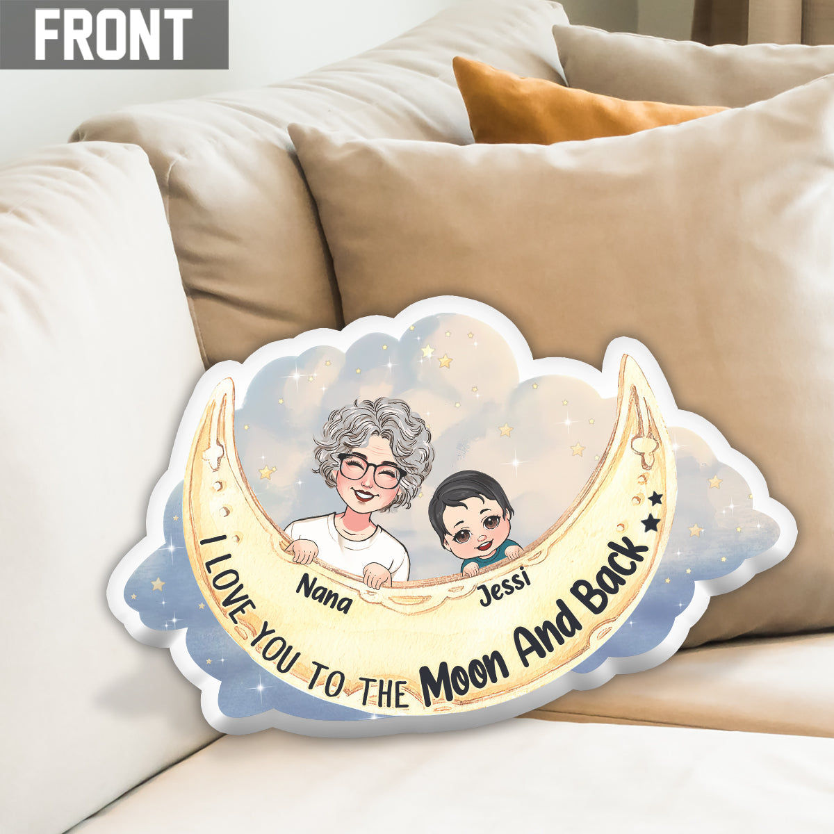 I Love You to The Moon And Back - Personalized Grandma Shaped Pillow