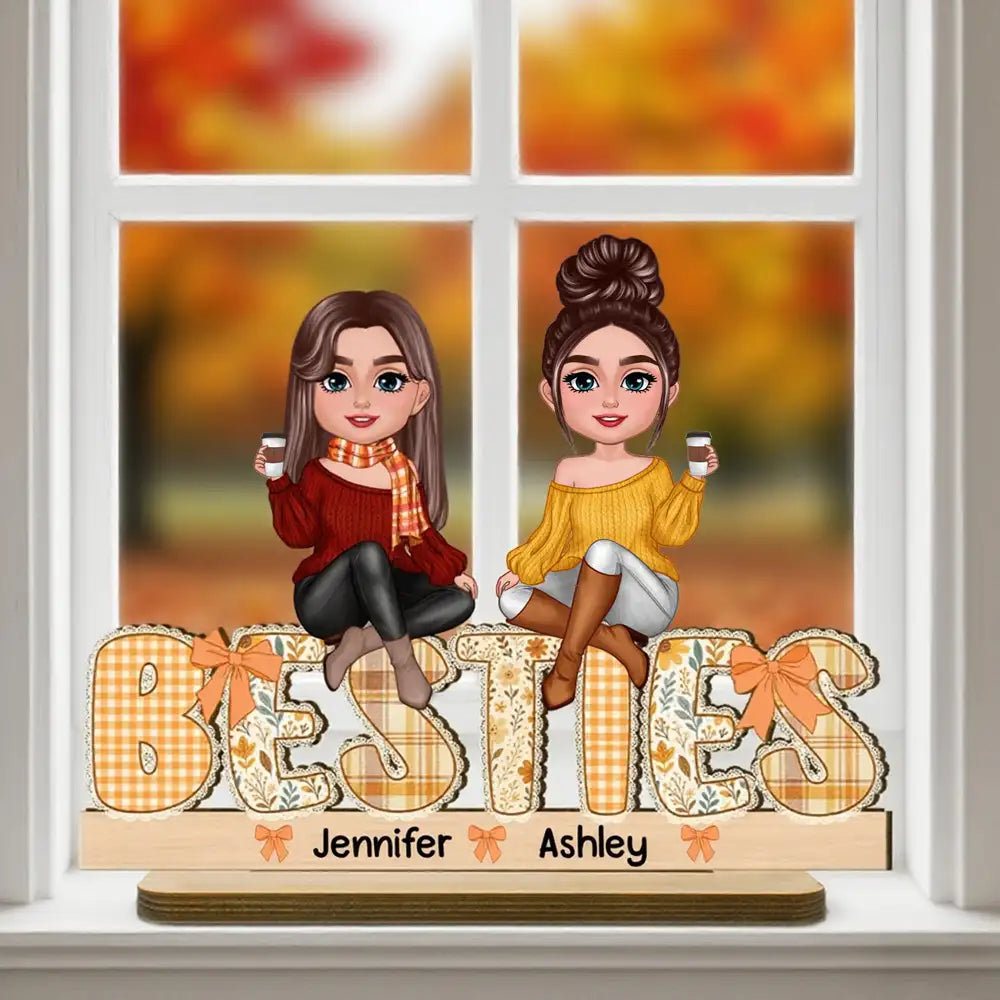 BESTIES Wooden Plaque – Autumn Coffee Time with Friends & Sisters, Personalized Gift for Best Friends