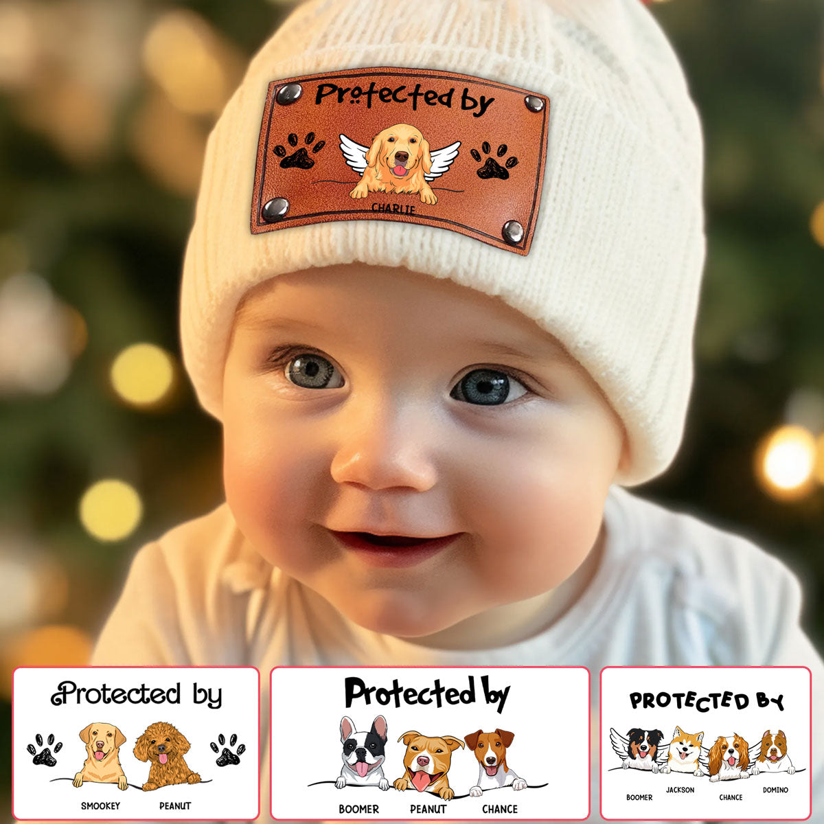Personalized 'Protected by' Knit Hat with Dog Illustration, Customizable for Loved Ones