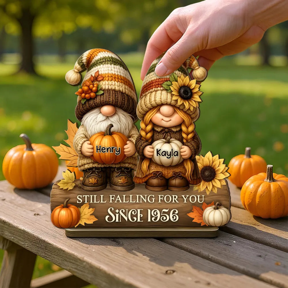 Gnome Couple Wooden Plaque, Customizable Fall Pumpkins and Sunflowers, Romantic Keepsake for Home, Unique Couple Gift