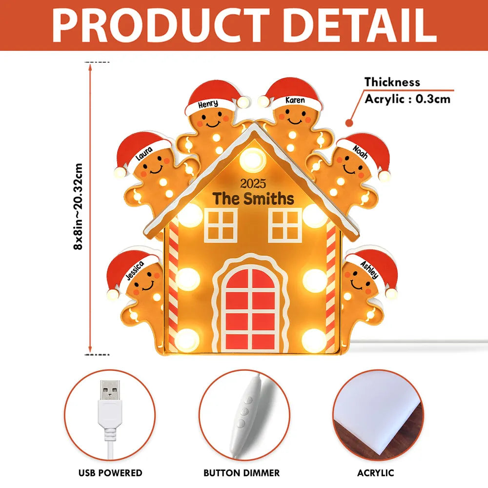 Custom Family Acrylic Light Box Lamp with Gingerbread House and Warm Glow, Festive Bedroom Light and Heartfelt Christmas Gift