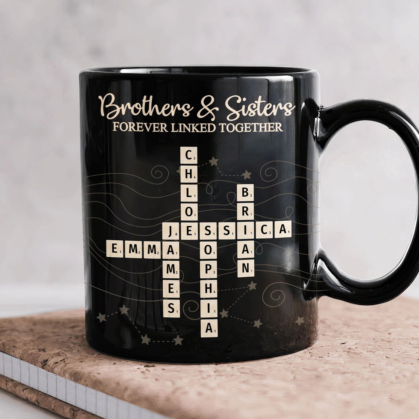 Full Color Mug with Brothers & Sisters Crossword Theme, High Clarity, Fun and Sentimental Gift for Family