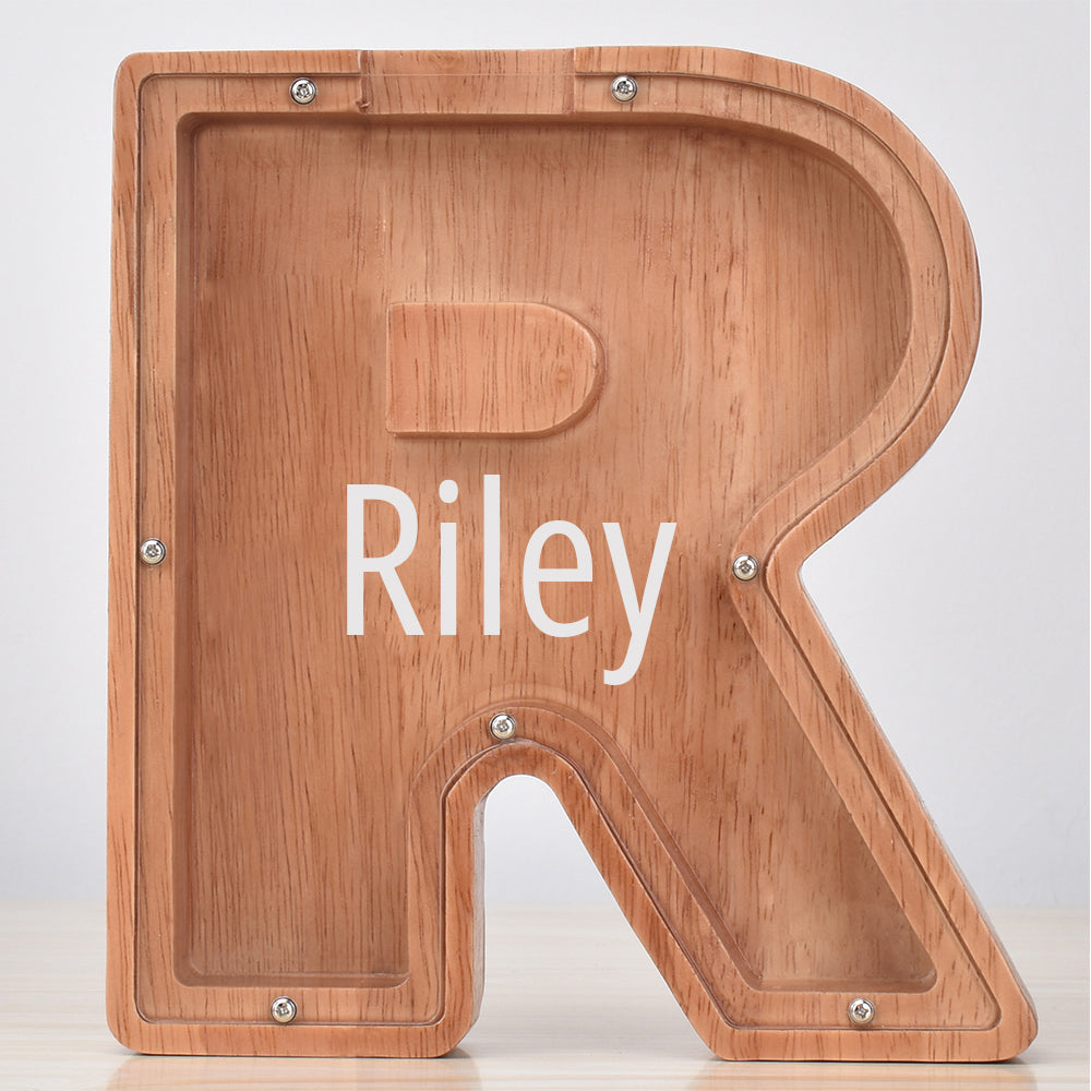 Custom Initial And Name - Personalized Letter And Name Oak Wooden Piggy Bank