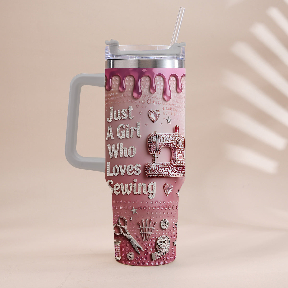 Just A Girl Who Loves Sewing - Personalized Sewing Tumbler With Handle
