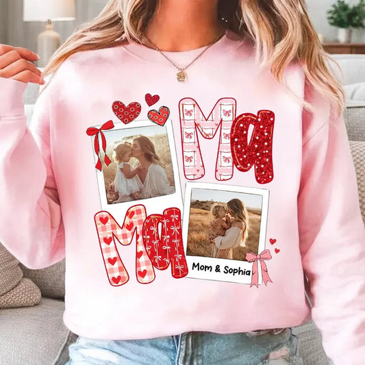 Custom Mama Classic Tee with Mom and Child Hugging Photos Red Valentine Style Hearts A Heartwarming Unique Gift