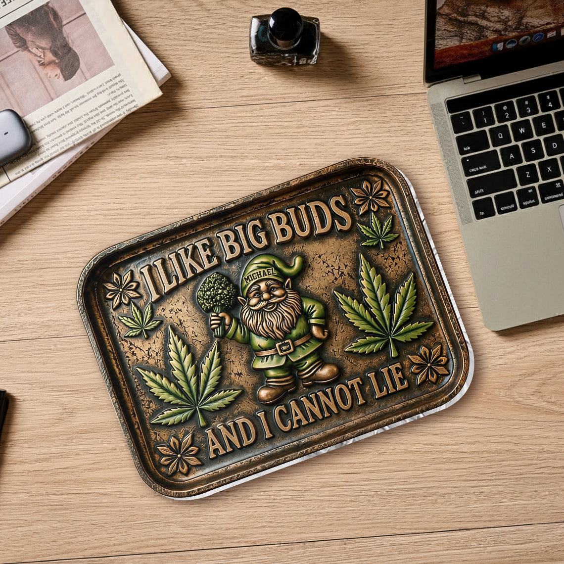 I Like Big Buds, Gnome Rolling Tray & Lighter - Personalized Weed Catch-All Tray With Lighter