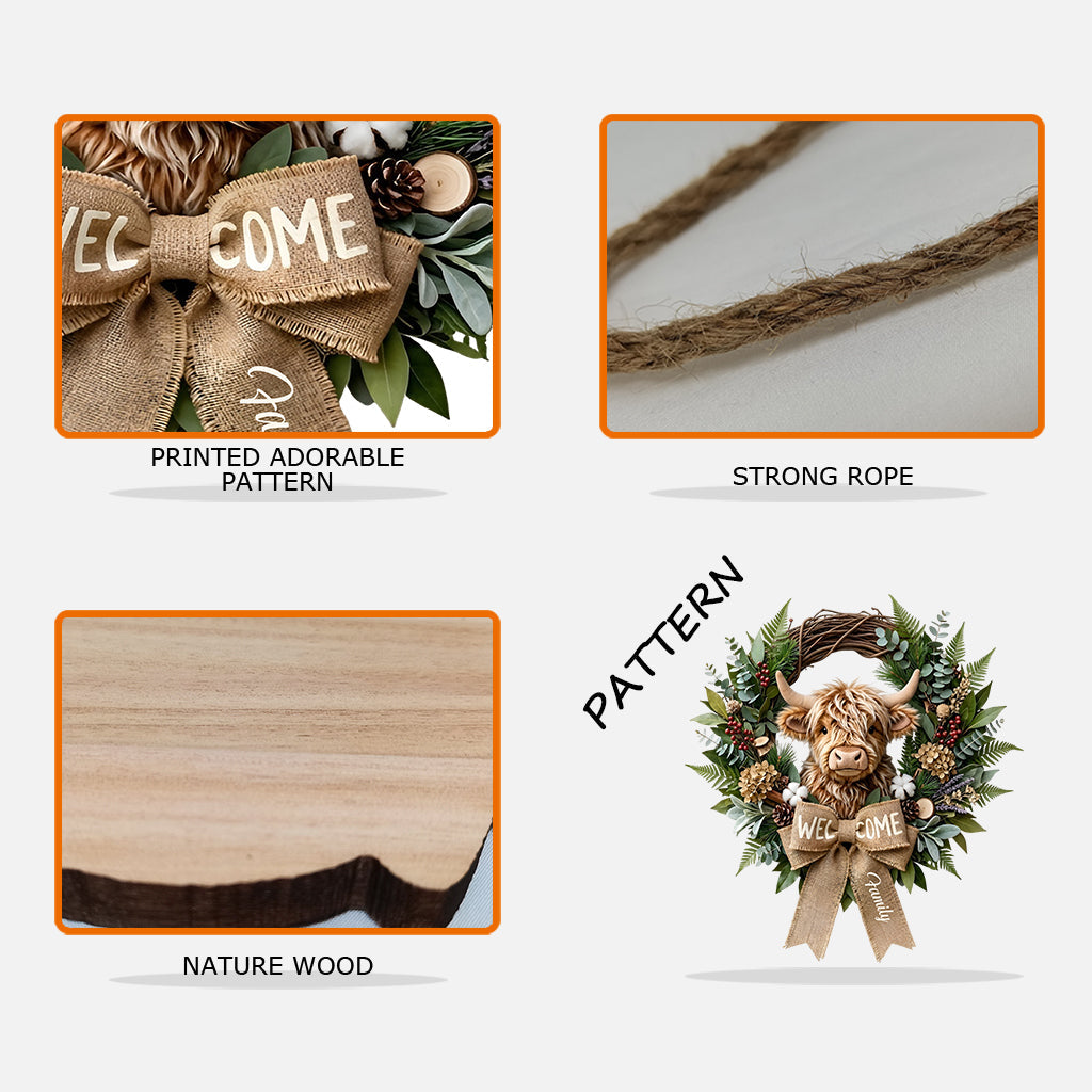 Cute Highland Cow Welcome Sign - Personalized Highland Cow Custom Shaped Wood Sign