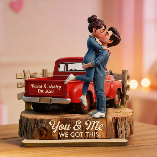 Personalized 2-Layer Wooden Plaque with Kissing Couple in Red Pickup Truck, Farmhouse Decor, Unique Gift for Couples