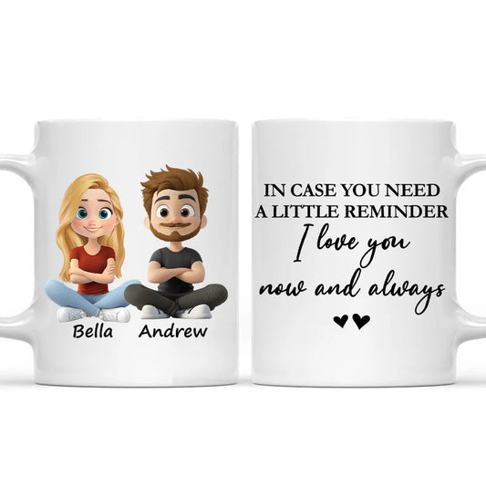 Personalized White Ceramic Mug With Cute Couple Cartoon and I love you now and always - Unique Gift for Girlfriend or Wife