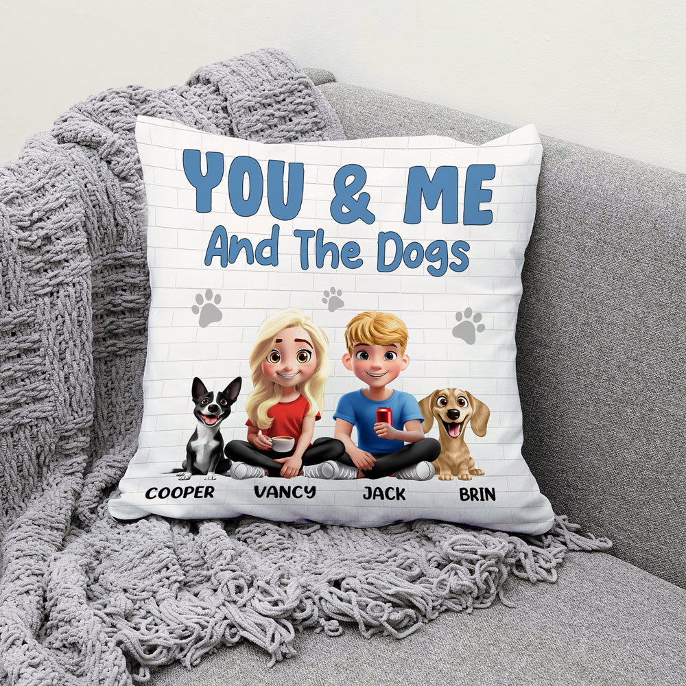 You & Me and the Dogs – Personalized Square Pillow for Families with Custom Pet and People Characters, Perfect Gift for Dog Lovers