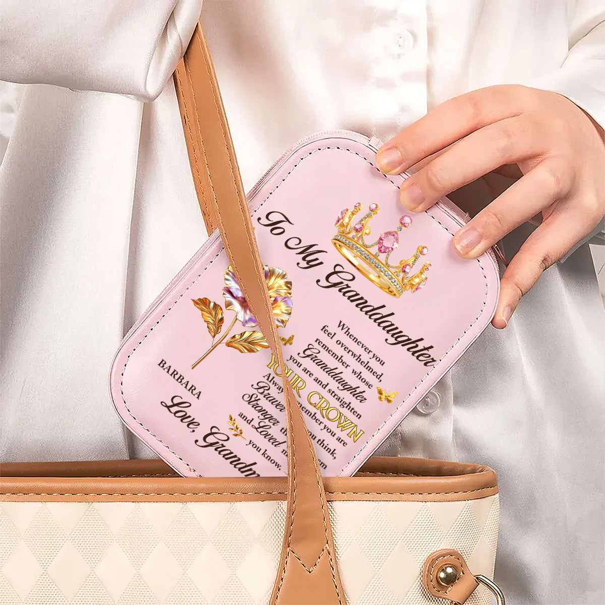 Personalized Leather LED Makeup Case with Crown Quote – Unique Granddaughter Gift from Grandma, Encouraging & Heartwarming Keepsake