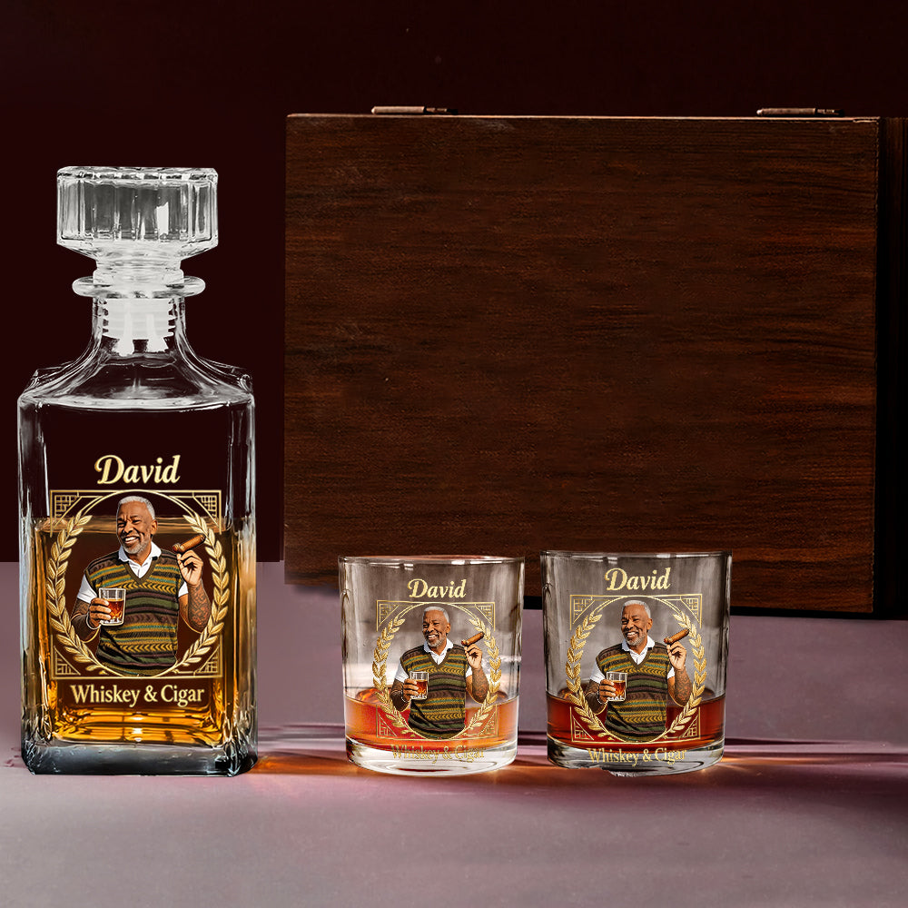 Custom Any Photo, Whiskey & Cigar - Personalized Whisky Whiskey Decanter Set
