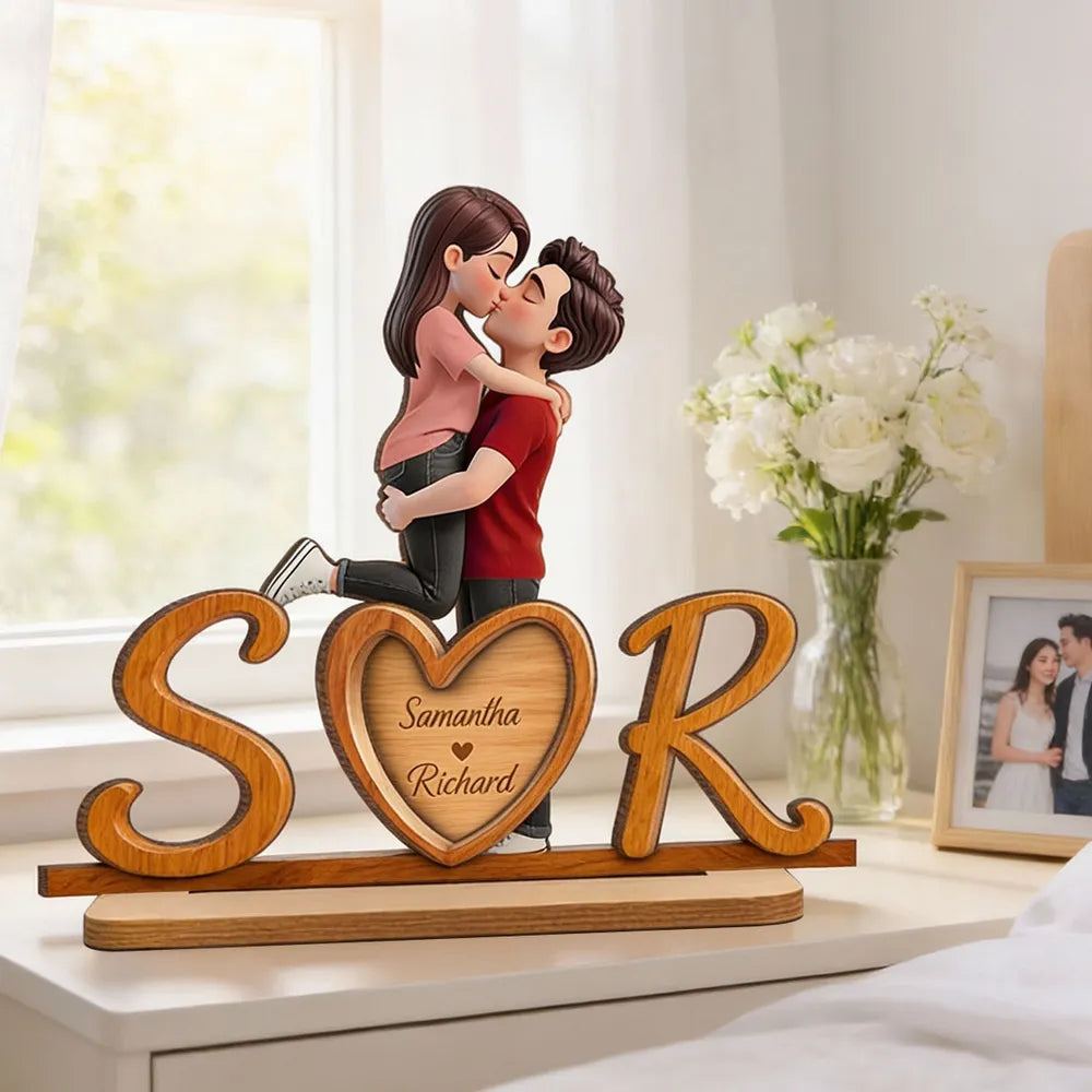Personalized 2-Layer Wooden Plaque with Couple Kissing and Initials Heart for Desk Decor, Unique Romantic Gift for Her or Him