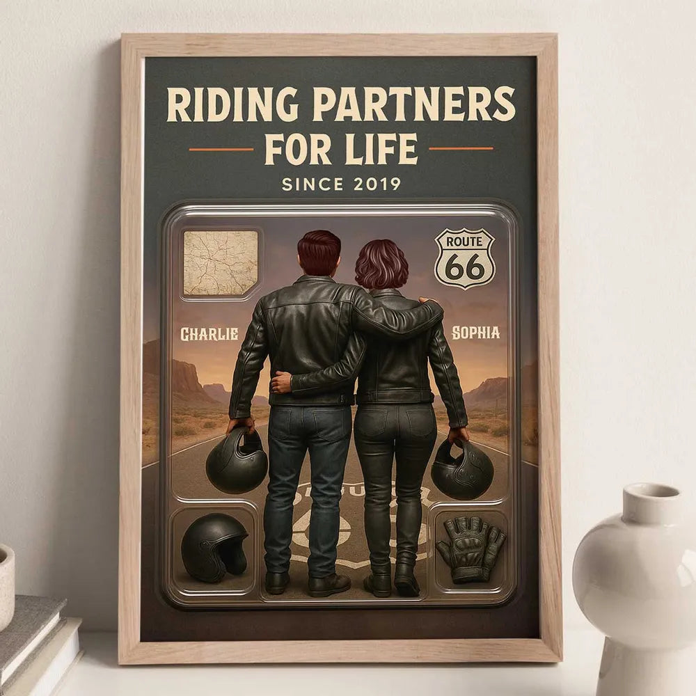 Personalized Biker Couple Poster Riding Partners For Life Route 66 Sunset Wall Art - Unique Gift For Couples