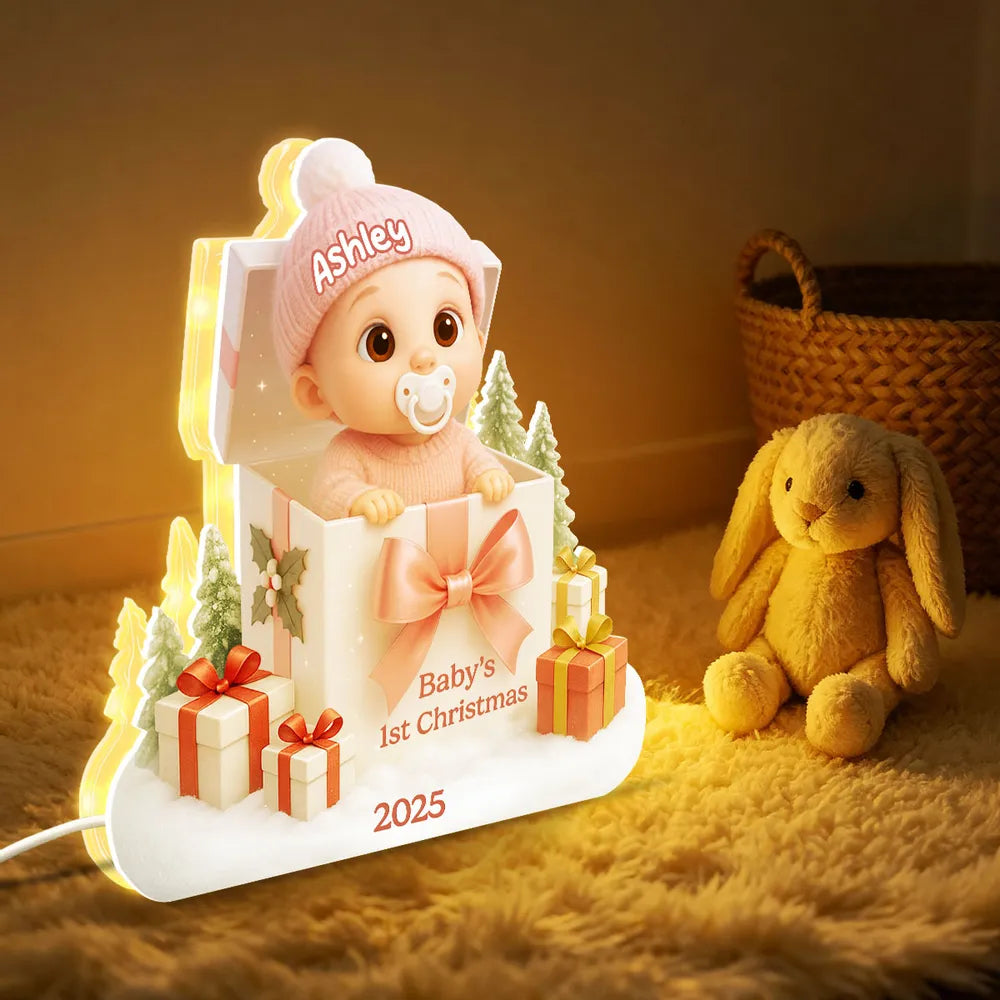 Personalized Acrylic Light Box for Baby's First Christmas – Cute Gift Box Scene, Warm Glow Nursery Lamp, Unique Keepsake Gift for New Parents