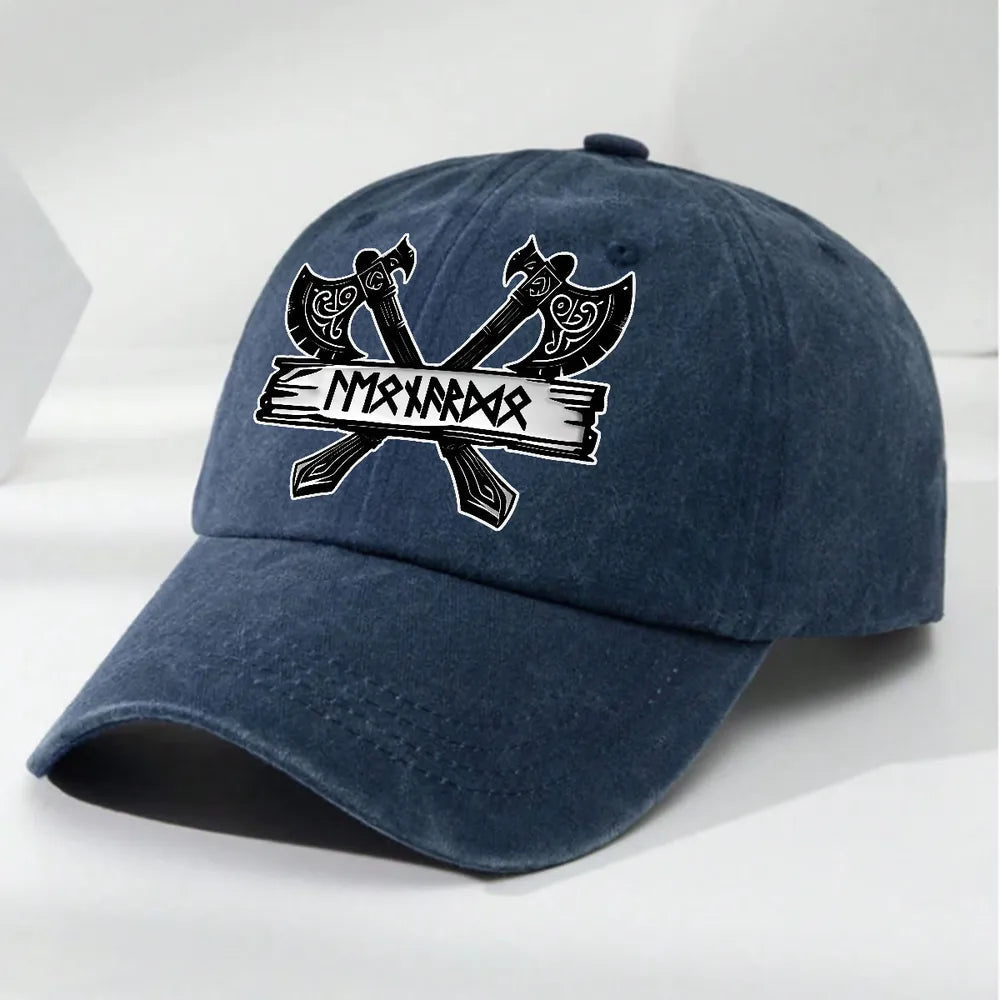 Washed Denim Baseball Cap with Crossed Viking Axes Rune Style, Personalized One of a Kind Everyday Sun Cap, Cool Gift